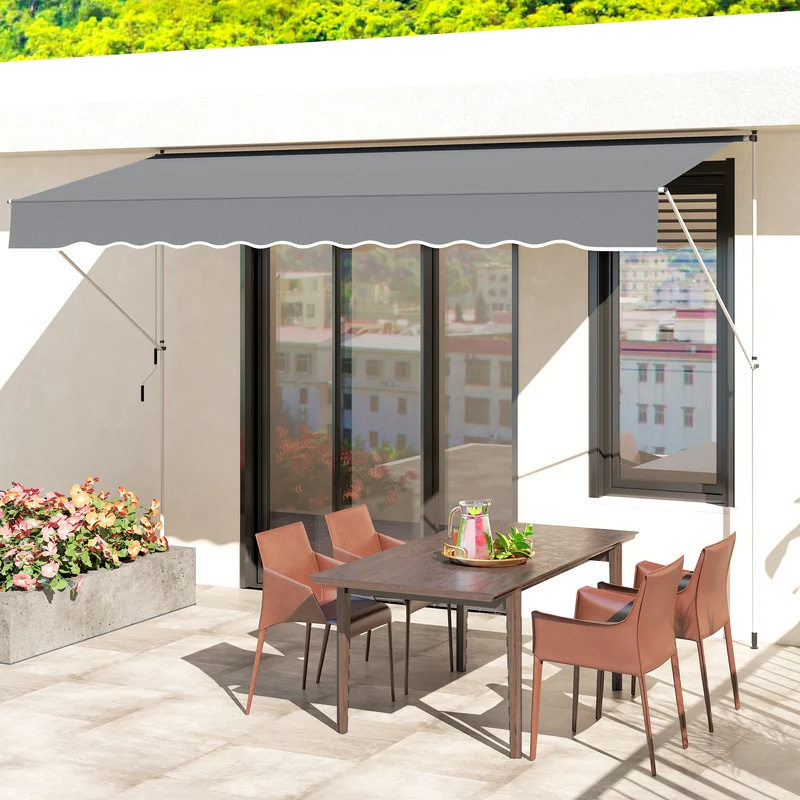 Outsunny Toldo Manual Retráctil 4x1,2 m, Toldo Exterior Terraza Enrollable, Altura Ajustable 170-280 cm, con Manivela, Anti-UV e Impermeable, Sin Taladro, para Balcón, Jardín, Gris Oscuro