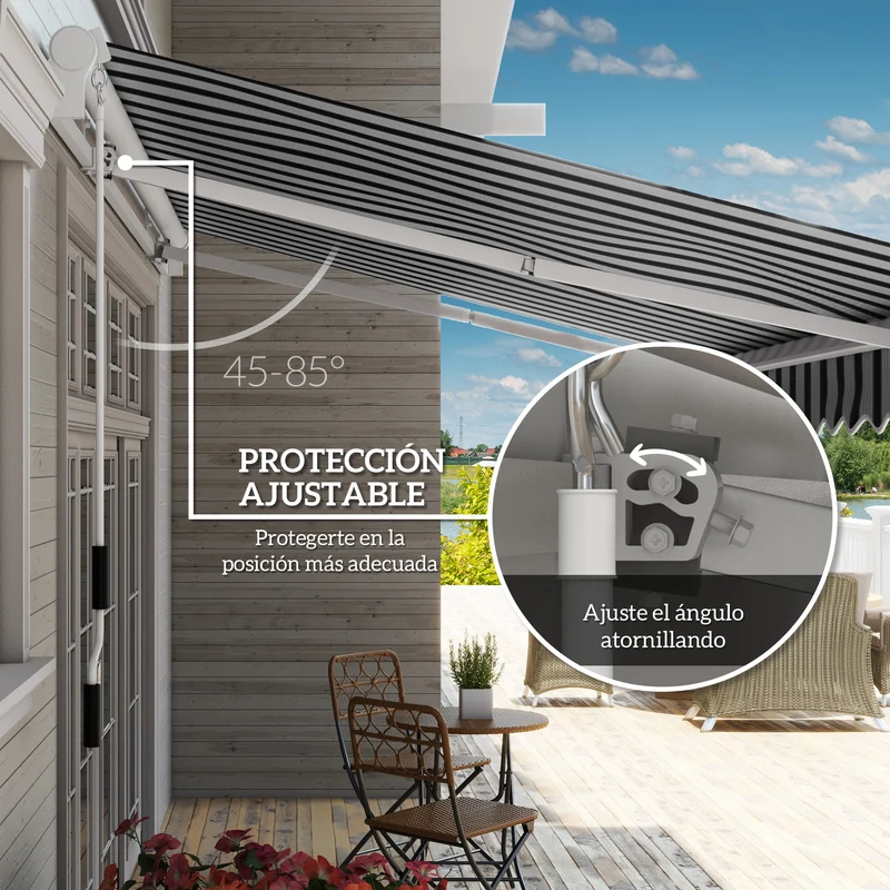 Outsunny Toldo Manual Retráctil 395x245 cm, Toldo Exterior Terraza con Ángulo Ajustable, Brazo Articulado, Montaje a Pared, Estructura de Aluminio, Anti-UV e Impermeable, para Jardín, Azul y Blanco