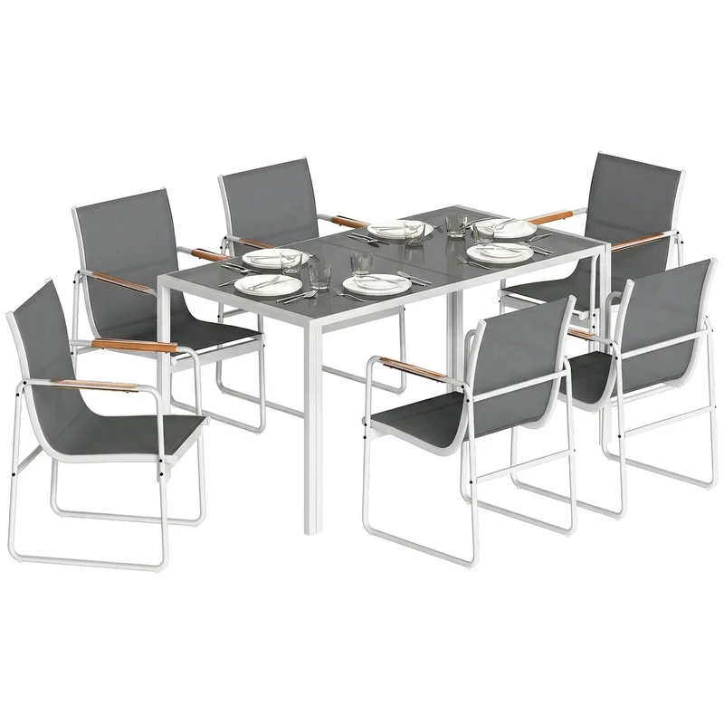 Outsunny Conjunto de Mesa y Sillas Jardín de 7 Piezas, Muebles Jardín Exterior con Mesa de Vidrio Templado, 6 Sillas Transpirables Decorativas, Marco de Acero Resistente a la Intemperie, Blanco y Gris