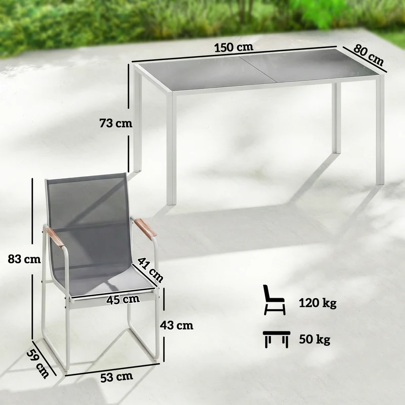 Outsunny Conjunto de Mesa y Sillas Jardín de 7 Piezas, Muebles Jardín Exterior con Mesa de Vidrio Templado, 6 Sillas Transpirables Decorativas, Marco de Acero Resistente a la Intemperie, Blanco y Gris