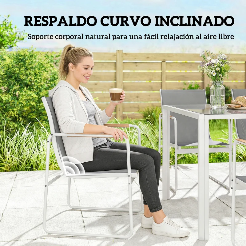 Outsunny Conjunto de Mesa y Sillas Jardín de 7 Piezas, Muebles Jardín Exterior con Mesa de Vidrio Templado, 6 Sillas Transpirables Decorativas, Marco de Acero Resistente a la Intemperie, Blanco y Gris