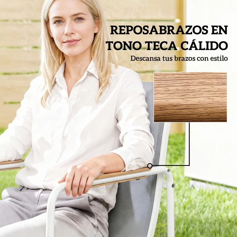 Outsunny Conjunto de Mesa y Sillas Jardín de 7 Piezas, Muebles Jardín Exterior con Mesa de Vidrio Templado, 6 Sillas Transpirables Decorativas, Marco de Acero Resistente a la Intemperie, Blanco y Gris