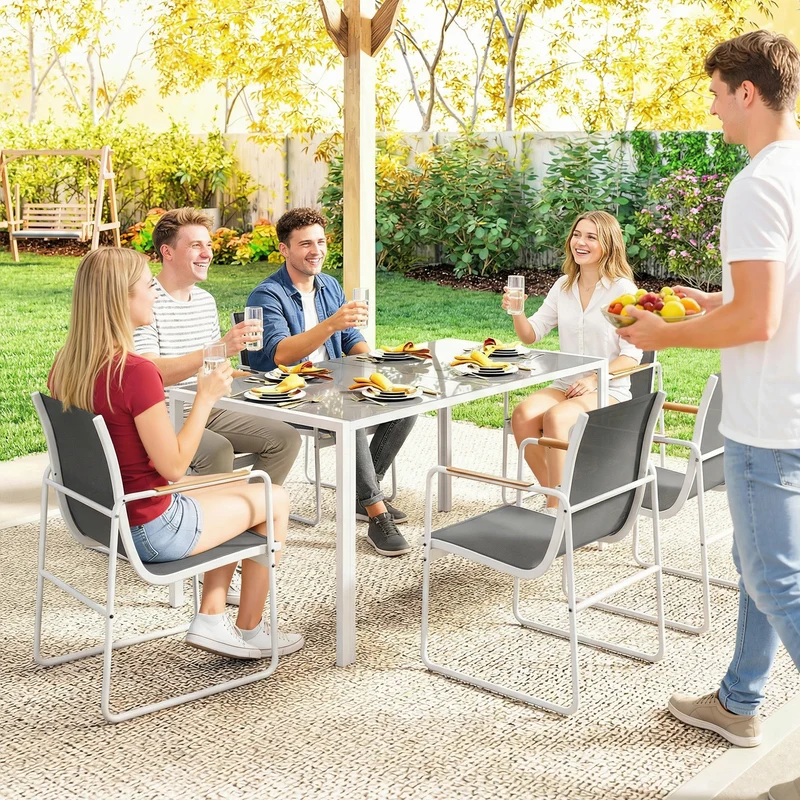 Outsunny Conjunto de Mesa y Sillas Jardín de 7 Piezas, Muebles Jardín Exterior con Mesa de Vidrio Templado, 6 Sillas Transpirables Decorativas, Marco de Acero Resistente a la Intemperie, Blanco y Gris