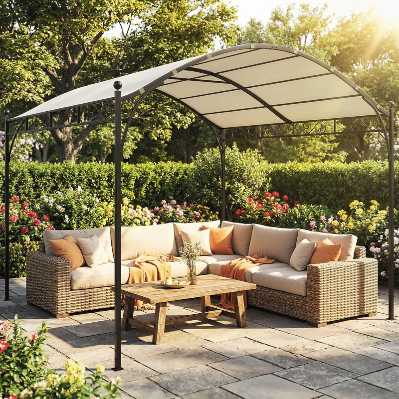 Outsunny Pérgola de Jardín 3x3 m, Cenador de Jardín con Techo Arqueado, Dosel UV30+ y Estructura de Metal Galvanizado, Pabellón para Exterior, Patio, Terraza, Blanco Crema
