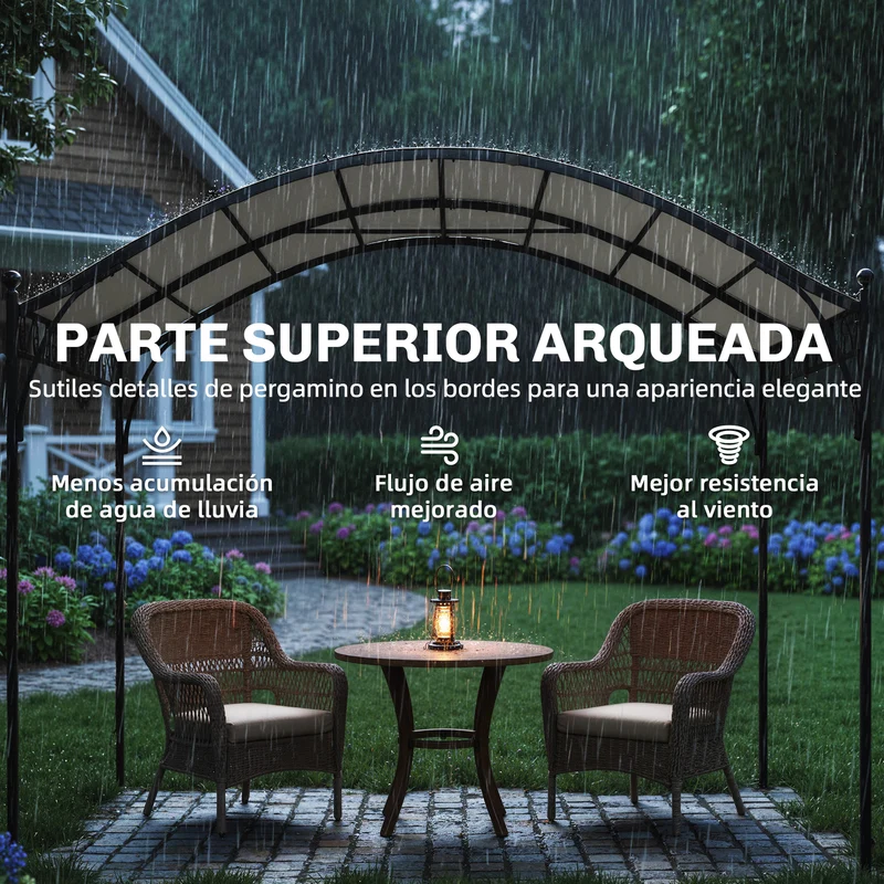Outsunny Pérgola de Jardín 3x3 m, Cenador de Jardín con Techo Arqueado, Dosel UV30+ y Estructura de Metal Galvanizado, Pabellón para Exterior, Patio, Terraza, Blanco Crema