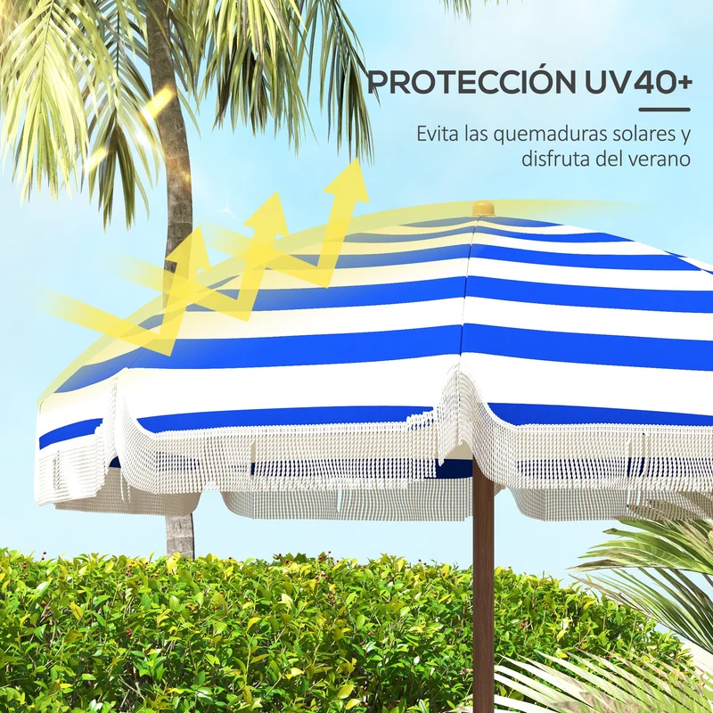 Outsunny Sombrilla de Playa Grande con Flecos Ø190 cm Sombrilla de Terraza Exterior con Protección UV40+ Antiviento Impermeable Mástil de Ø32 mm y Bolsa de Transporte Azul y Blanco