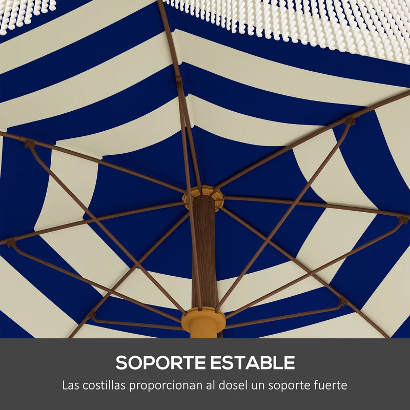 Outsunny Sombrilla de Playa Grande con Flecos Ø190 cm Sombrilla de Terraza Exterior con Protección UV40+ Antiviento Impermeable Mástil de Ø32 mm y Bolsa de Transporte Azul y Blanco