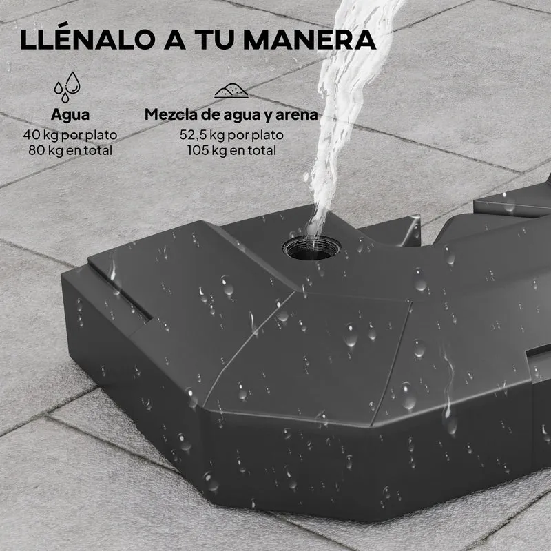 Outsunny Base para Sombrilla de 2 Piezas, Soporte para Parasol de HDPE Rellenable con Agua 80 kg o Mezcla de Agua y Arena 105 kg, para Jardín, Patio, Terraza, Negro
