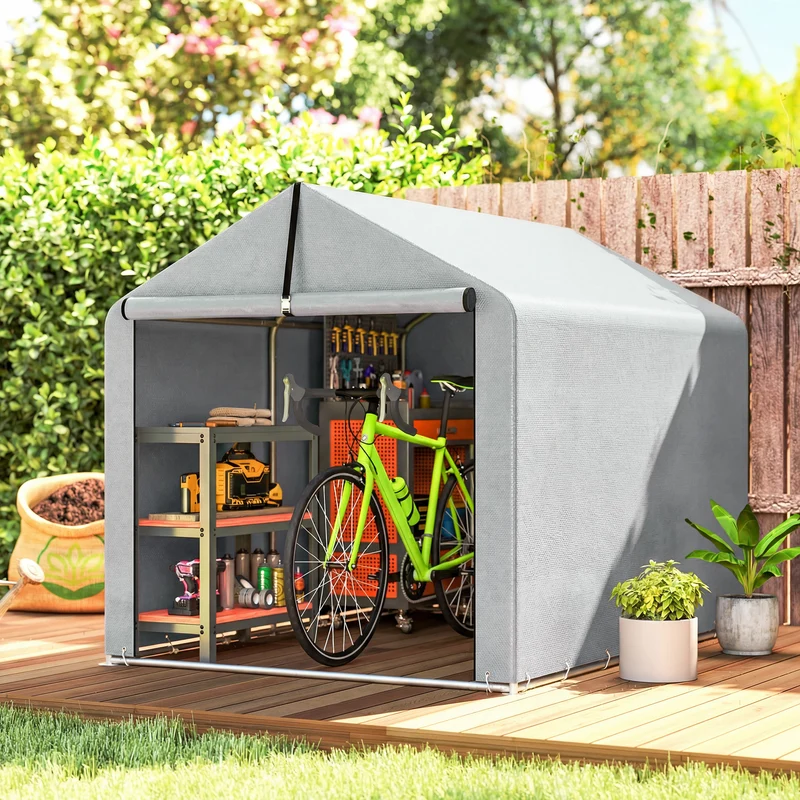 Outsunny Carpa de Jardín Exterior para Herramientas, Bicicletas, 1,6x2,2x1,6 m, Cobertizo Exterior con Marco de Acero Galvanizado, Puerta Enrollable, Impermeable, Anti-UV, Garaje Portátil, Gris