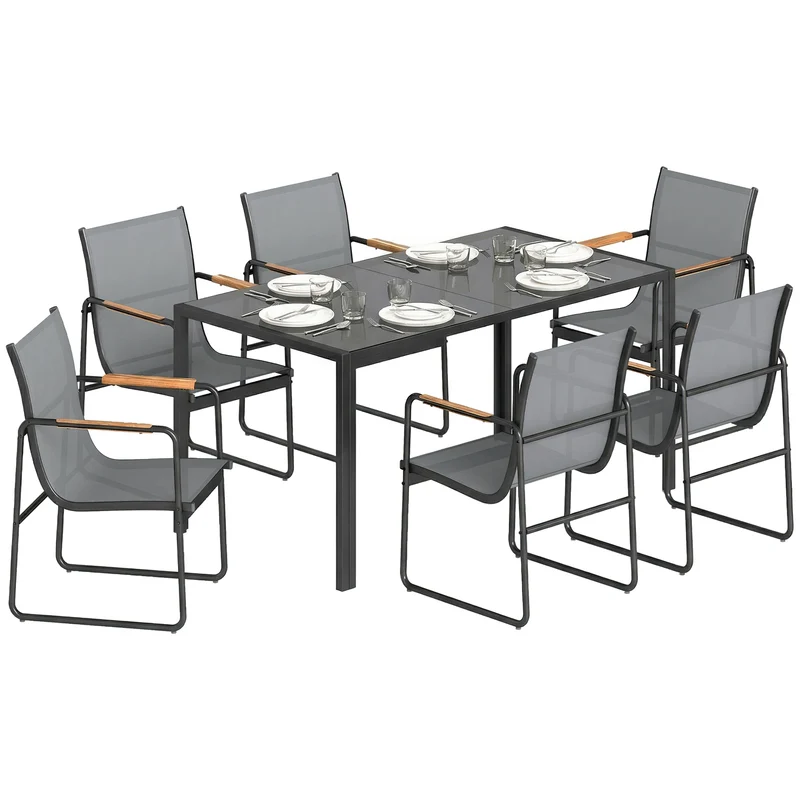 Outsunny Conjunto de Mesa y Sillas Jardín de 7 Piezas, Muebles Jardín Exterior con Mesa de Vidrio Templado, 6 Sillas Transpirables Decorativas, Marco de Acero Resistente a la Intemperie, Gris
