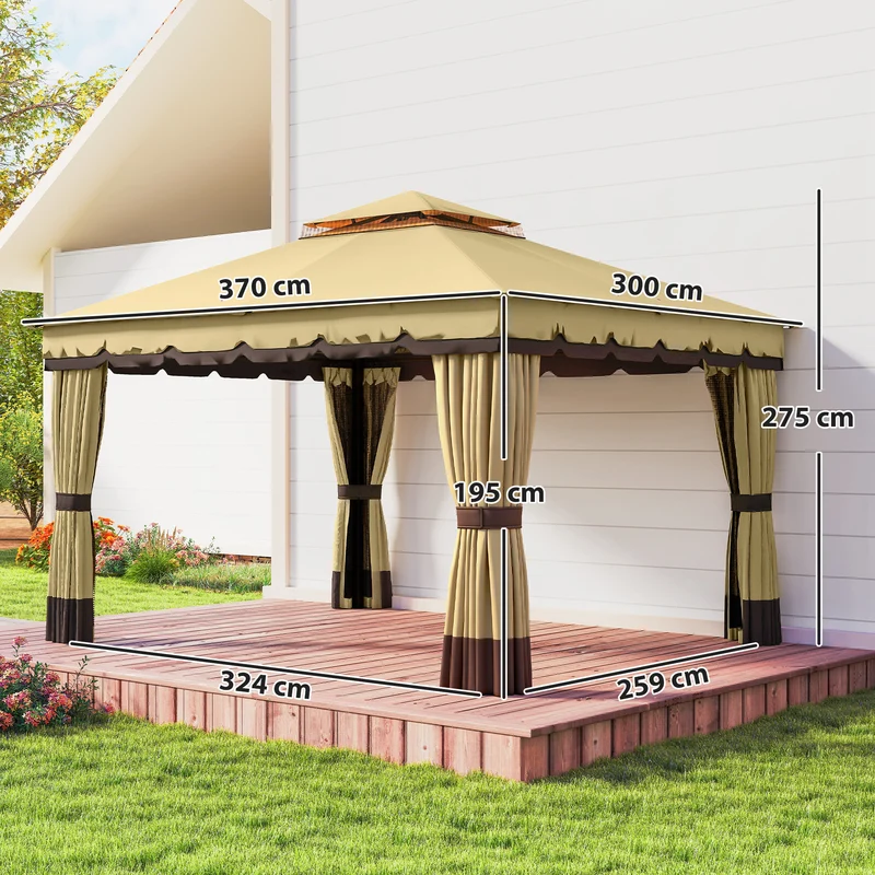 Outsunny Cenador de Jardín 3,7x3 m, Pabellón de Jardín Gazebo con Doble Techo, 4 Cortinas y Mosquitera, Marco de Acero, Orificios de Drenaje, UV30+, para Exterior, Terraza, Patio, Beige