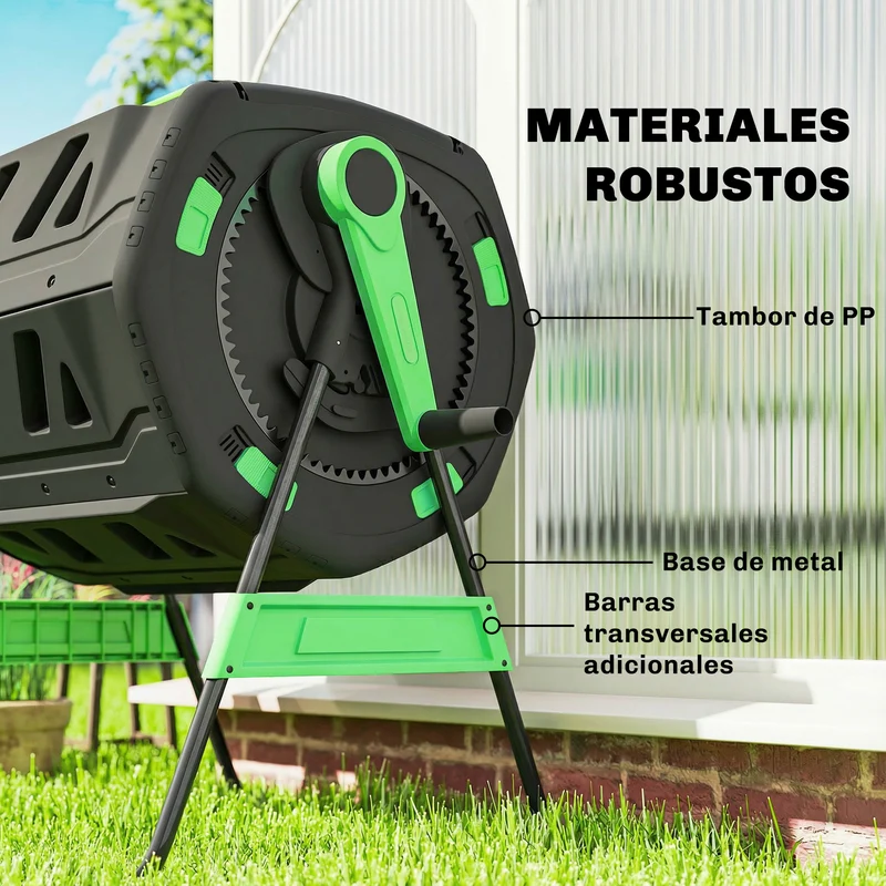 Outsunny Compostador Giratorio de 200L, Contenedor de Compostaje de Jardín de Doble Cámara, Sin BPA, Compostadora con Aberturas de Ventilación, 2 Puertas Deslizantes y Patas de Metal, Verde