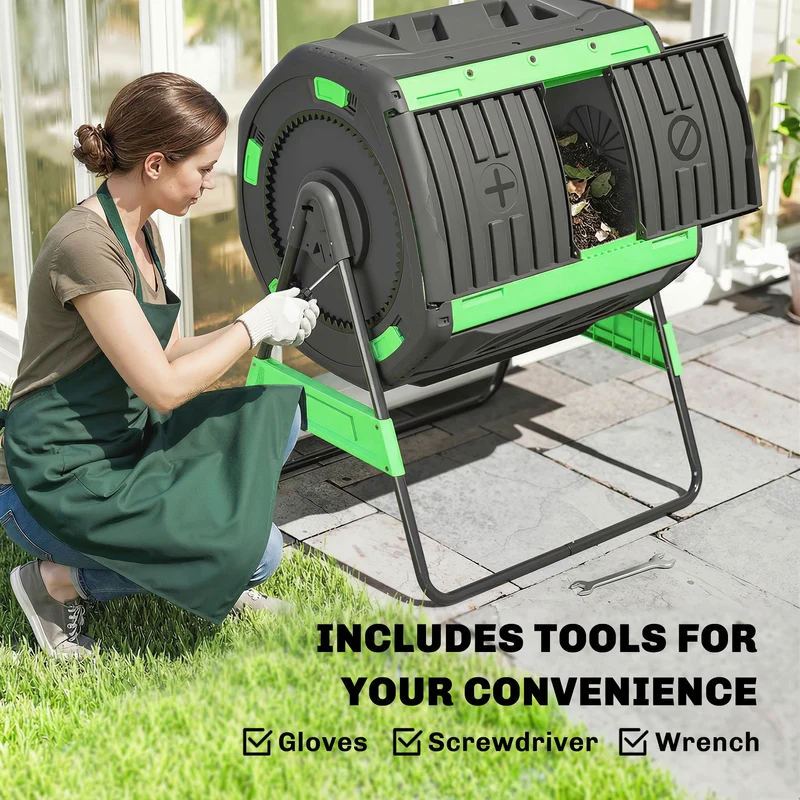Outsunny Compostador Giratorio de 200L, Contenedor de Compostaje de Jardín de Doble Cámara, Sin BPA, Compostadora con Aberturas de Ventilación, 2 Puertas Deslizantes y Patas de Metal, Verde