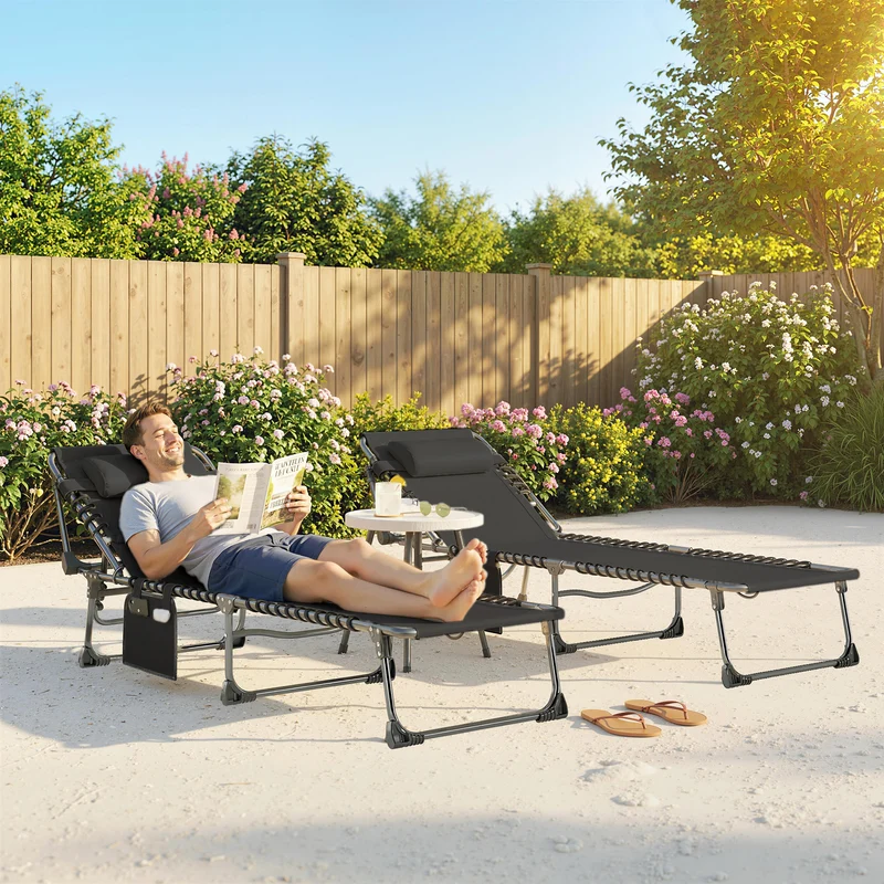 Outsunny Set de 2 Tumbonas Jardín Exterior, Tumbonas Plegables con Reposacabezas y Bolsillo Lateral, Respaldo Reclinable 5 Posiciones y Asiento de Malla Transpirable para Playa, Piscina, Negro
