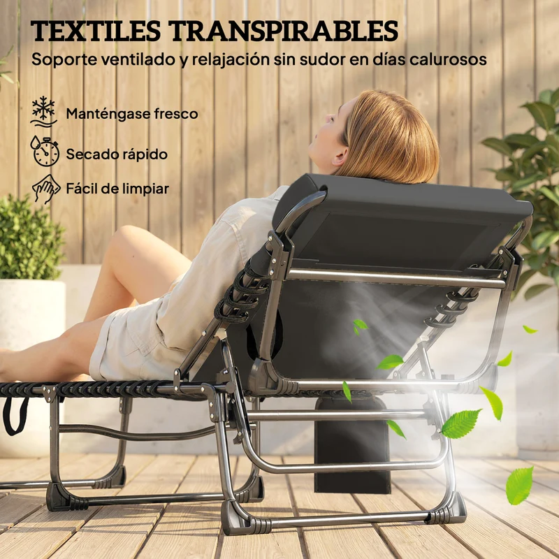 Outsunny Set de 2 Tumbonas Jardín Exterior, Tumbonas Plegables con Reposacabezas y Bolsillo Lateral, Respaldo Reclinable 5 Posiciones y Asiento de Malla Transpirable para Playa, Piscina, Negro