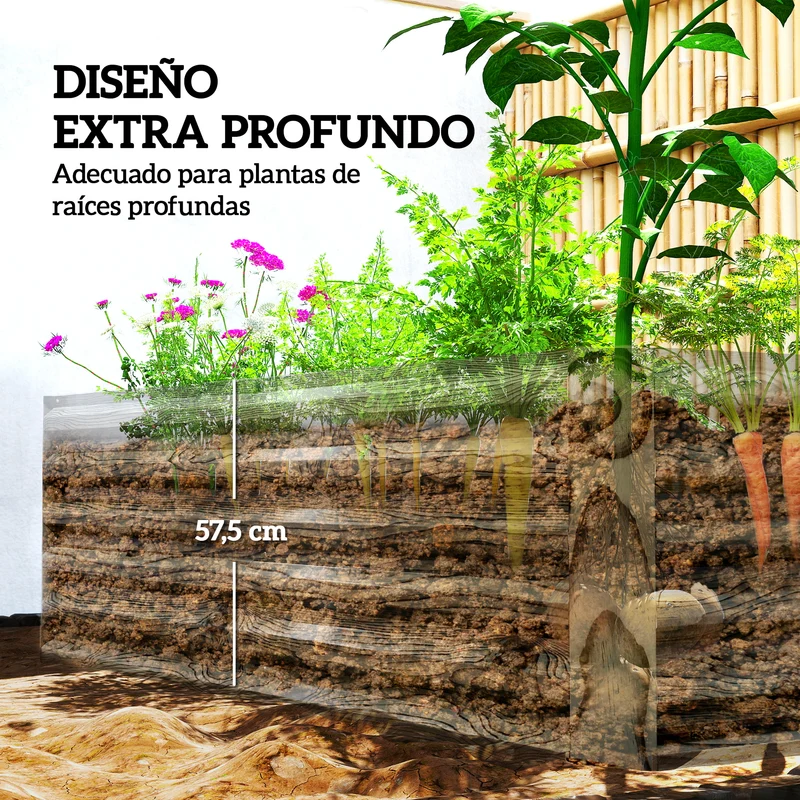 Outsunny Jardinera Exterior Grande Rectangular de Acero Galvanizado, Huerto Urbano para Cultivar Plantas, Macetero Grande Exterior con Base Abierta, Resistente a la Intemperie, 180x90x57,5 cm, Natural