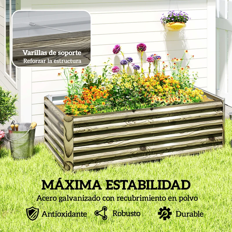 Outsunny Jardinera Exterior Grande Rectangular de Acero Galvanizado, Huerto Urbano para Cultivar Plantas, Macetero Grande Exterior con Base Abierta, Resistente a la Intemperie, 180x90x57,5 cm, Natural