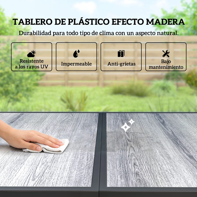 Outsunny Conjunto de Mesa y Sillas Jardín de 7 Piezas, Muebles de Jardín Exterior con Mesa de Efecto Madera y 6 Sillas con Asiento Transpirable, Marco de Acero Galvanizado, para Terraza, Patio, Caqui
