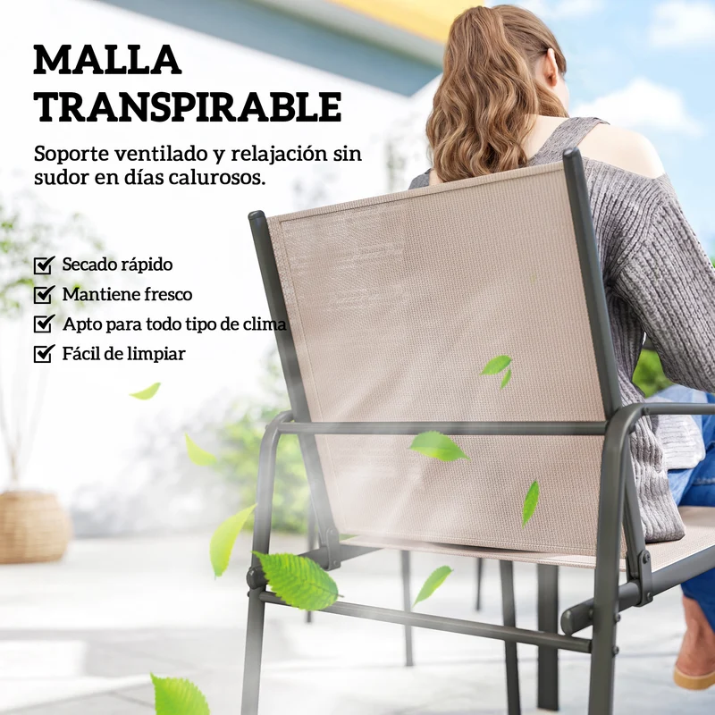 Outsunny Conjunto de Mesa y Sillas Jardín de 7 Piezas, Muebles de Jardín Exterior con Mesa de Efecto Madera y 6 Sillas con Asiento Transpirable, Marco de Acero Galvanizado, para Terraza, Patio, Caqui