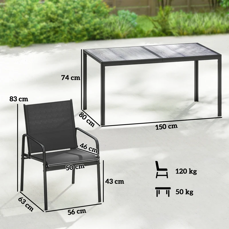 Outsunny Conjunto de Mesa y Sillas Jardín de 7 Piezas, Muebles de Jardín Exterior con Mesa de Efecto Madera y 6 Sillas con Asiento Transpirable, Marco de Acero Galvanizado, para Terraza, Patio, Negro