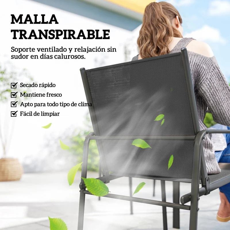Outsunny Conjunto de Mesa y Sillas Jardín de 7 Piezas, Muebles de Jardín Exterior con Mesa de Efecto Madera y 6 Sillas con Asiento Transpirable, Marco de Acero Galvanizado, para Terraza, Patio, Negro
