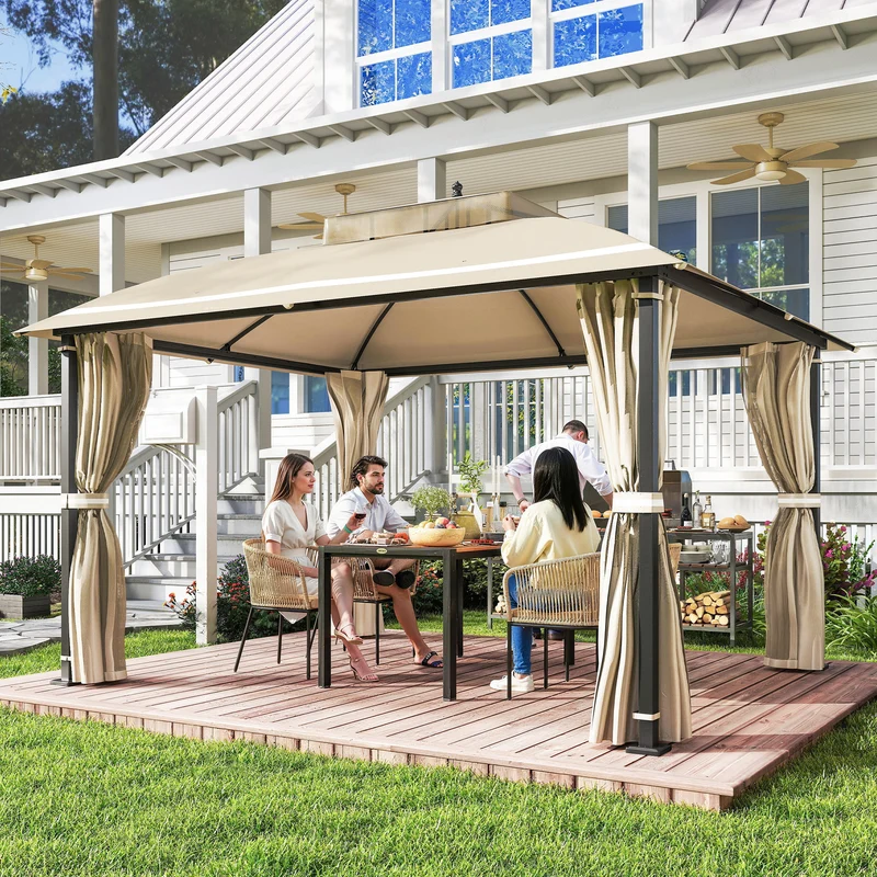 Outsunny Cenador para Jardín 3x3,7 m, Pabellón de Jardín Gazebo con Doble Techo, Paredes Laterales, Mosquiteras, Marco de Metal, Resistente al Agua, Anti-UV, Carpa para Exterior, Terraza, Patio, Beige