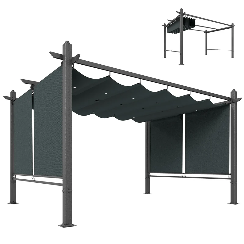 Outsunny Pérgola de Jardín 4x3 m con Techo Retráctil y 4 Cortinas Enrollables Automáticas, Cenador de Jardín con Protección UV50+, Estructura de Aluminio, Drenaje, Pabellón para Exterior, Gris Oscuro