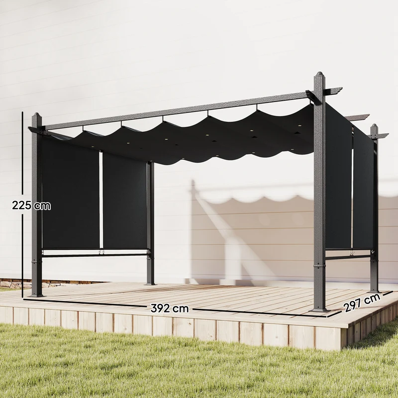 Outsunny Pérgola de Jardín 4x3 m con Techo Retráctil y 4 Cortinas Enrollables Automáticas, Cenador de Jardín con Protección UV50+, Estructura de Aluminio, Drenaje, Pabellón para Exterior, Gris Oscuro