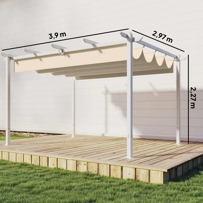 Outsunny Pérgola de Jardín 4x3 m con Techo Retráctil, Cenador de Jardín con Protección UPF30+, Orificios de Drenaje, Estructura Metálica, Pabellón para Patio, Terraza, Exterior, Beige