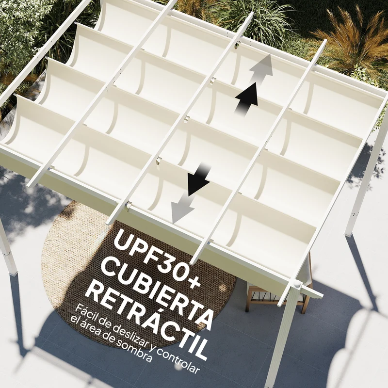 Outsunny Pérgola de Jardín 4x3 m con Techo Retráctil, Cenador de Jardín con Protección UPF30+, Orificios de Drenaje, Estructura Metálica, Pabellón para Patio, Terraza, Exterior, Beige