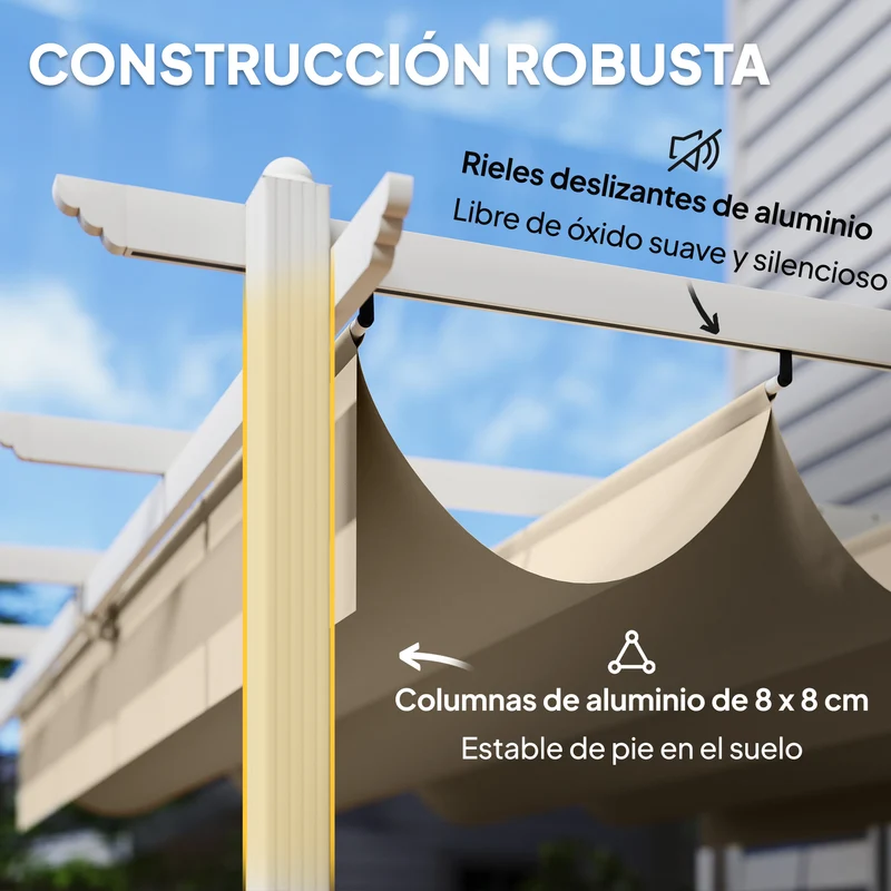 Outsunny Pérgola de Jardín 4x3 m con Techo Retráctil, Cenador de Jardín con Protección UPF30+, Orificios de Drenaje, Estructura Metálica, Pabellón para Patio, Terraza, Exterior, Beige
