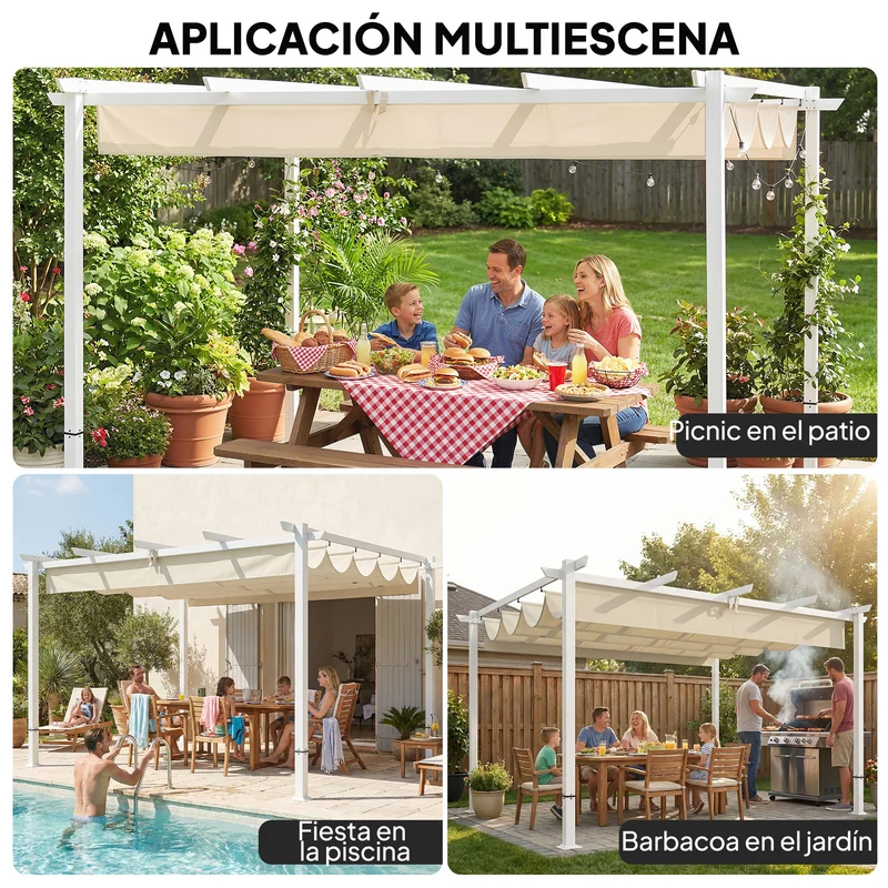 Outsunny Pérgola de Jardín 4x3 m con Techo Retráctil, Cenador de Jardín con Protección UPF30+, Orificios de Drenaje, Estructura Metálica, Pabellón para Patio, Terraza, Exterior, Beige
