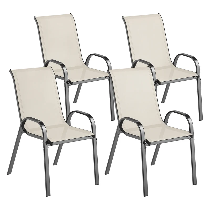 Outsunny Juego de 4 Sillas de Jardín Exterior, Sillas Terraza Exterior Apilables, Sillas de Jardín con Tela Transpirable, Marco de Acero, Reposabrazos y Respaldo, 54x71x93 cm, Beige y Negro