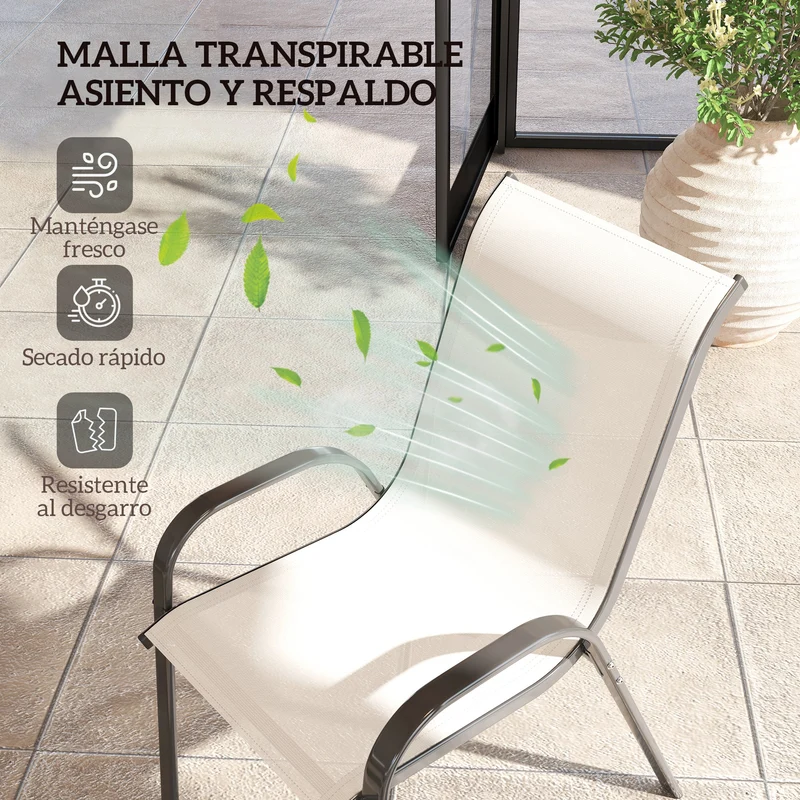 Outsunny Juego de 4 Sillas de Jardín Exterior, Sillas Terraza Exterior Apilables, Sillas de Jardín con Tela Transpirable, Marco de Acero, Reposabrazos y Respaldo, 54x71x93 cm, Beige y Negro
