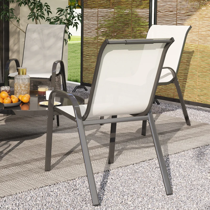 Outsunny Juego de 4 Sillas de Jardín Exterior, Sillas Terraza Exterior Apilables, Sillas de Jardín con Tela Transpirable, Marco de Acero, Reposabrazos y Respaldo, 54x71x93 cm, Beige y Negro