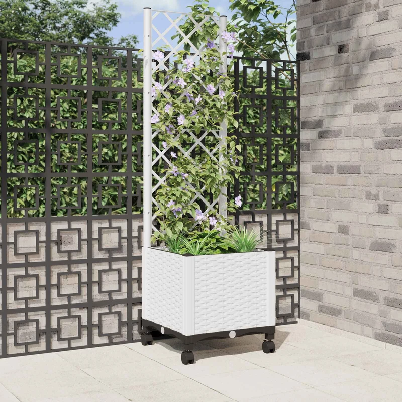 Jardinera Con Enrejado Y Ruedas Blanco 40 X 40 X 146 Cm Pp