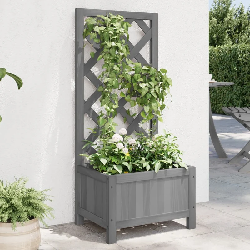 Jardinera Con Enrejado Gris 40x30x90 Cm Madera Maciza De Abeto