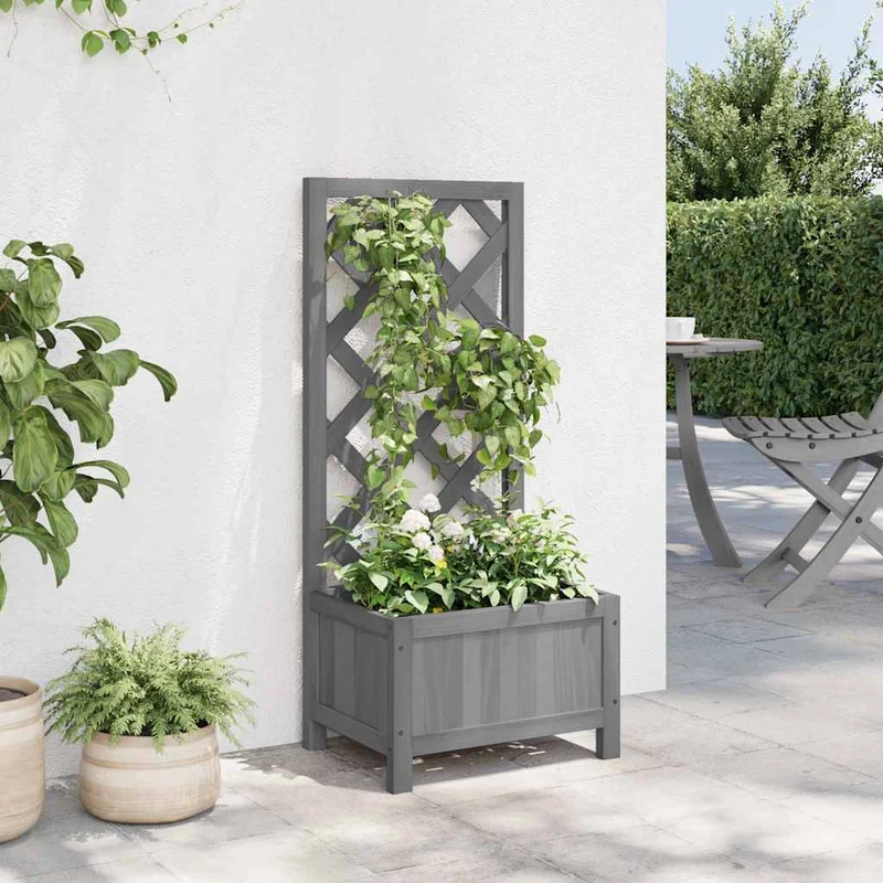Jardinera Con Enrejado Gris 40x30x90 Cm Madera Maciza De Abeto