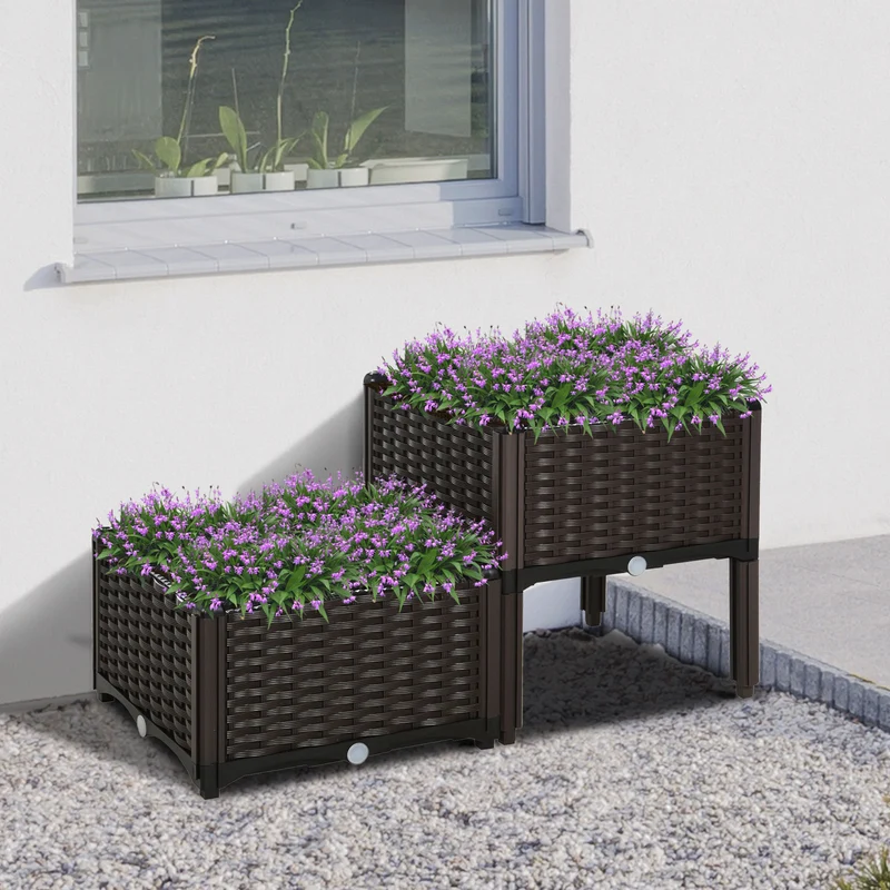 Outsunny Conjunto 2 Jardineras Cuadradas Con Agujeros Drenaje 40x40x26/44cm