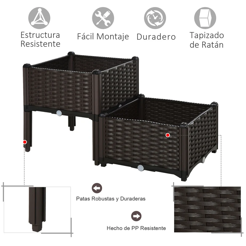Outsunny Conjunto 2 Jardineras Cuadradas Con Agujeros Drenaje 40x40x26/44cm