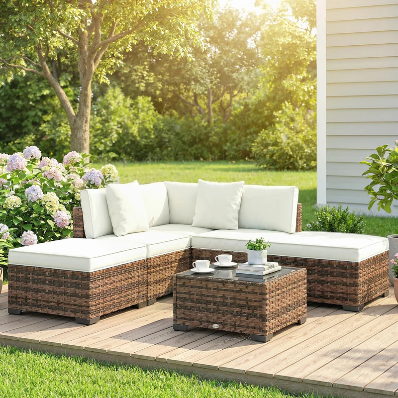 Outsunny Conjunto Muebles Jardín Exterior De Ratán 6 Piezas Cojines Marrón