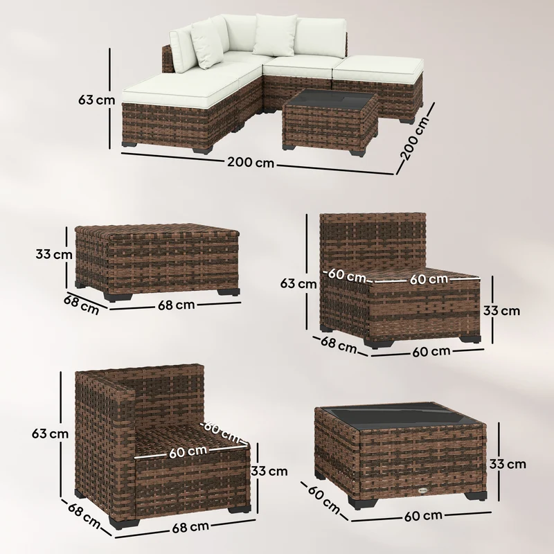 Outsunny Conjunto Muebles Jardín Exterior De Ratán 6 Piezas Cojines Marrón