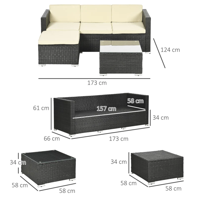 Outsunny Conjunto Muebles De Ratán Jardín Sofá De 3 Plazas Mesa Y Reposapiés