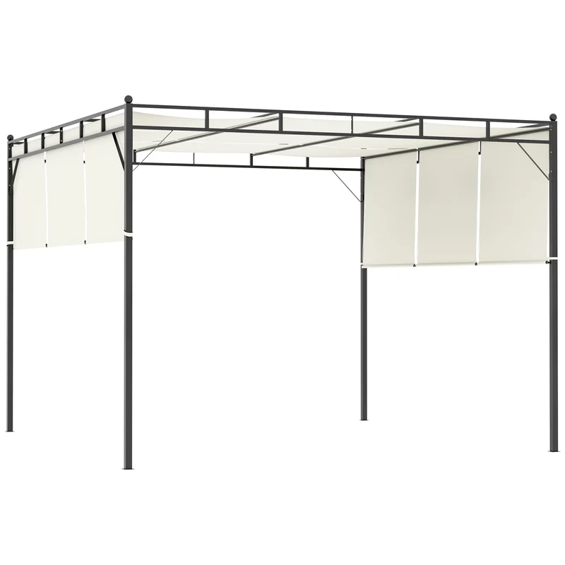 Outsunny Pérgola 3x3 m Cenador de Jardín con Techo Retráctil Tela de Poliéster y Tubo de Acero para Patio Terraza Exterior Blanco