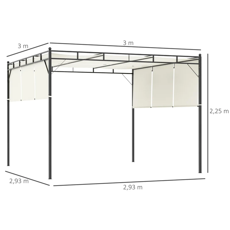Outsunny Pérgola 3x3 m Cenador de Jardín con Techo Retráctil Tela de Poliéster y Tubo de Acero para Patio Terraza Exterior Blanco