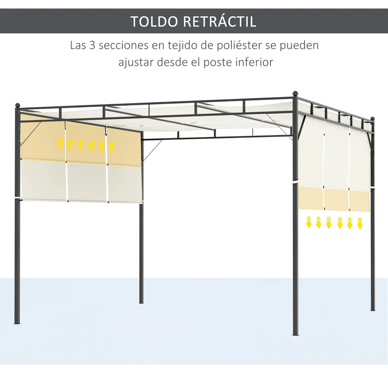 Outsunny Pérgola 3x3 m Cenador de Jardín con Techo Retráctil Tela de Poliéster y Tubo de Acero para Patio Terraza Exterior Blanco