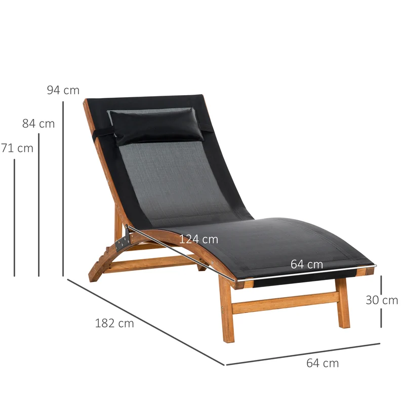 Outsunny Tumbona de Jardín Tipo Hamaca con Altura de Respaldo Ajustable Reposacabeza Extraíble y Marco de Madera Ergonómico para Terraza Playa Exterior 182x64x71 cm Negro