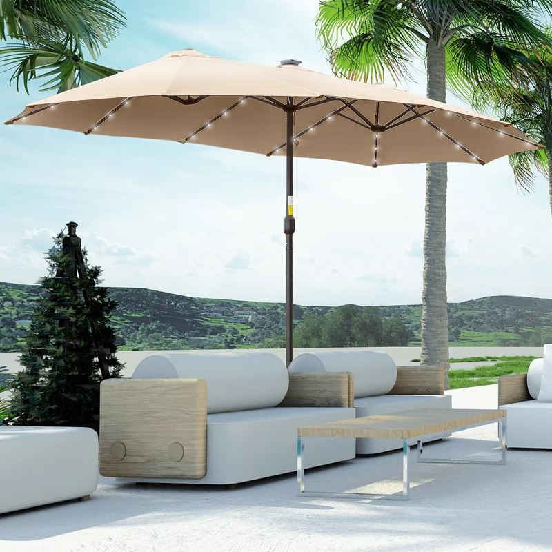 Outsunny Sombrilla Doble de Jardín con 48 Luces LED Solar 450x265x240 cm Parasol para Patio con Manivela Protección Solar para Terraza Balcón Piscina Caqui