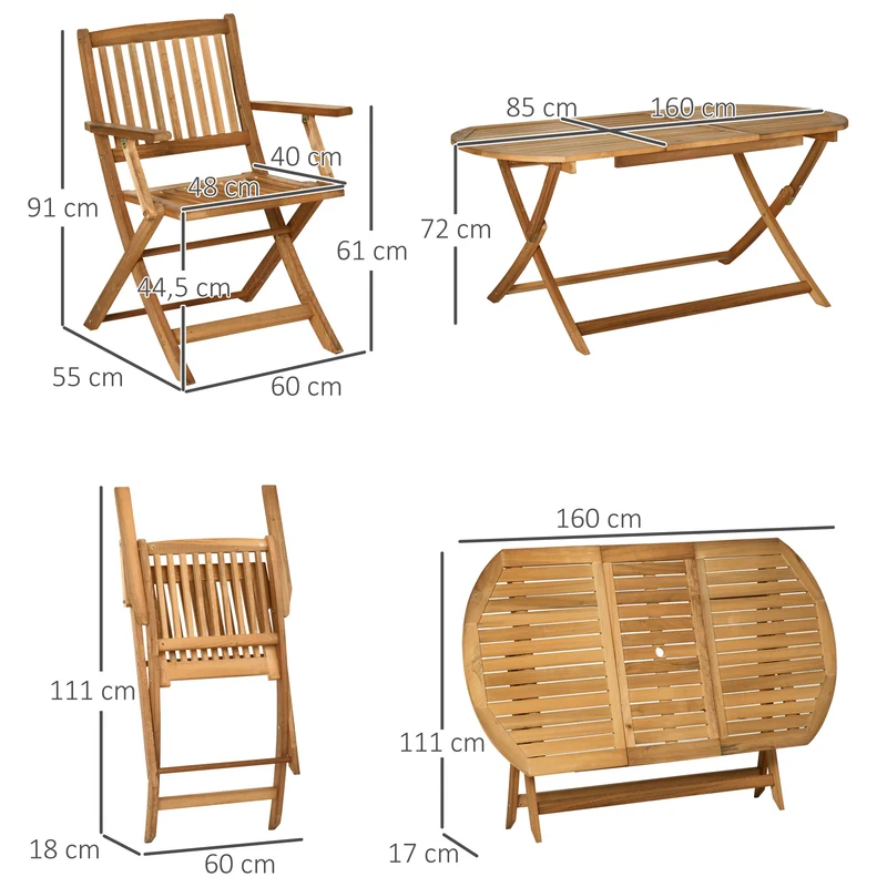 Outsunny Conjunto de Jardín de Madera Plegable 7 Piezas Mueble de Jardín Mesa de Comedor 160x85x72 cm con Agujero para Sombrilla Ø38mm 6 Sillas 60x55x91 cm para Terraza Balcón Exterior Teca