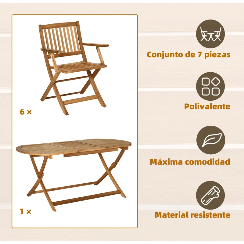Outsunny Conjunto de Jardín de Madera Plegable 7 Piezas Mueble de Jardín Mesa de Comedor 160x85x72 cm con Agujero para Sombrilla Ø38mm 6 Sillas 60x55x91 cm para Terraza Balcón Exterior Teca